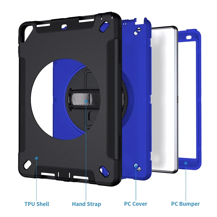 Kickstand Anti-Drop Silicone Hard PC Well-Protected Hybrid Cover with Rotatable Hand Strap Pencil Holder Shoulder Strap for iPad 10.2 (2019)/(2020)/(2021) - Dark Blue