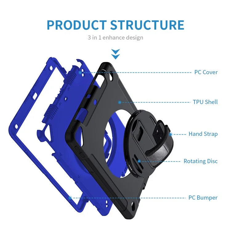Kickstand Anti-Drop Silicone Hard PC Well-Protected Hybrid Cover with Rotatable Hand Strap Pencil Holder Shoulder Strap for iPad 10.2 (2019)/(2020)/(2021) - Dark Blue