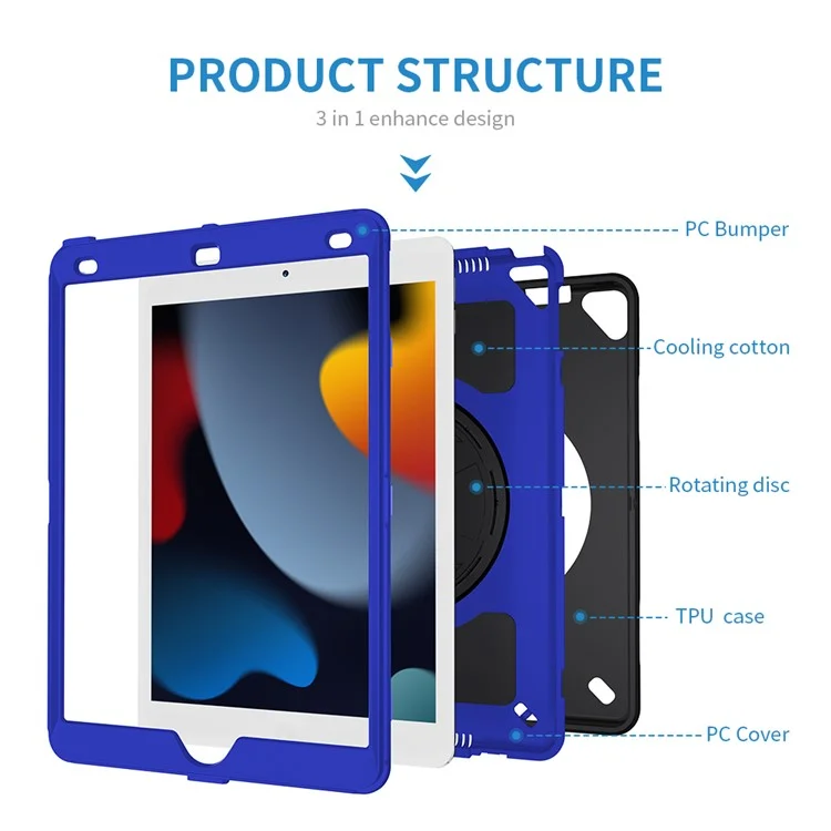 Kickstand Anti-Drop Silicone Hard PC Well-Protected Hybrid Cover with Rotatable Hand Strap Pencil Holder Shoulder Strap for iPad 10.2 (2019)/(2020)/(2021) - Dark Blue