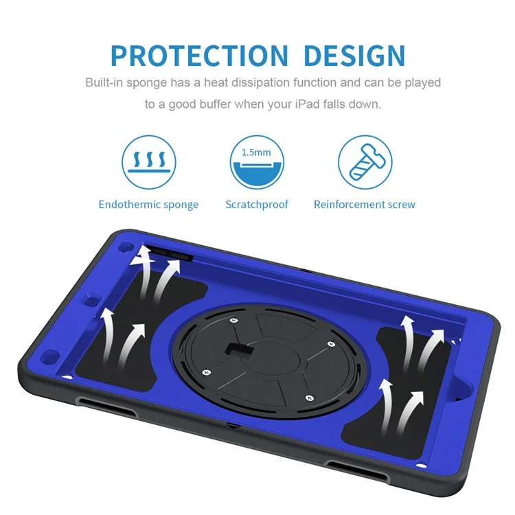 Kickstand Anti-Drop Silicone Hard PC Well-Protected Hybrid Cover with Rotatable Hand Strap Pencil Holder Shoulder Strap for iPad 10.2 (2019)/(2020)/(2021) - Dark Blue