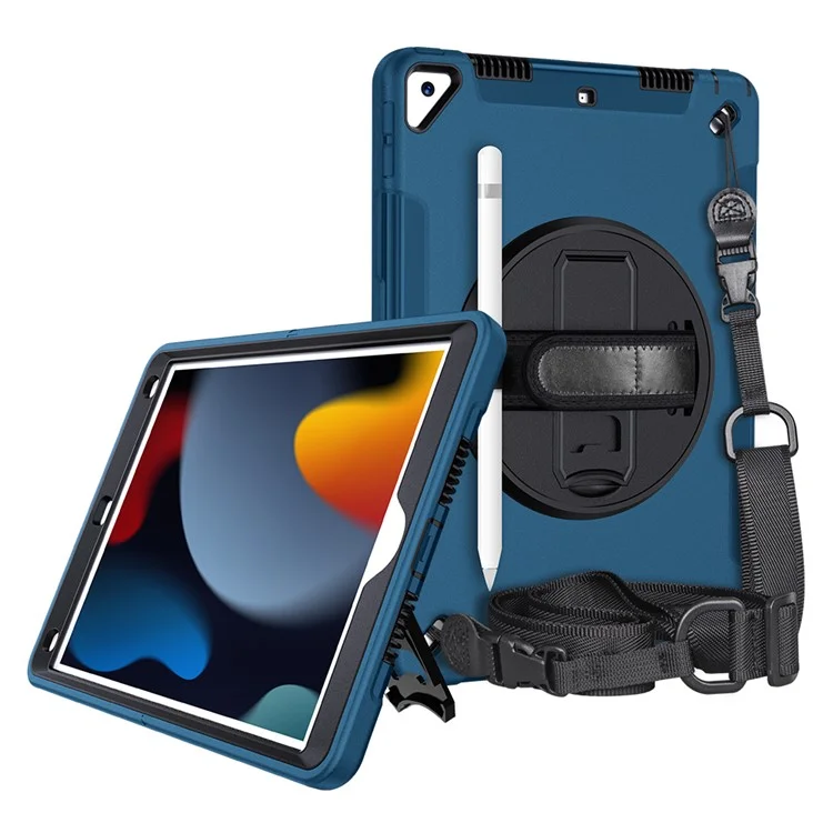 Béquille Anti-Drop Silicone Dur PC Well-Protected Hybrid Cover avec Rotatable Main Strap Pencil Holder Shoulder Strap pour iPad 10.2 (2019)/(2020)/(2021) - Bleu