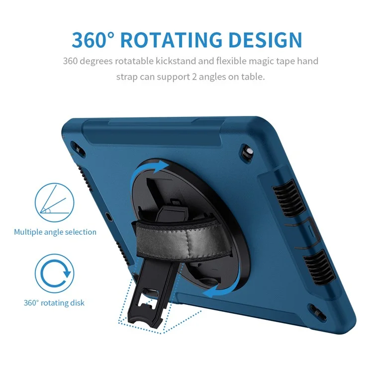 Béquille Anti-Drop Silicone Dur PC Well-Protected Hybrid Cover avec Rotatable Main Strap Pencil Holder Shoulder Strap pour iPad 10.2 (2019)/(2020)/(2021) - Bleu