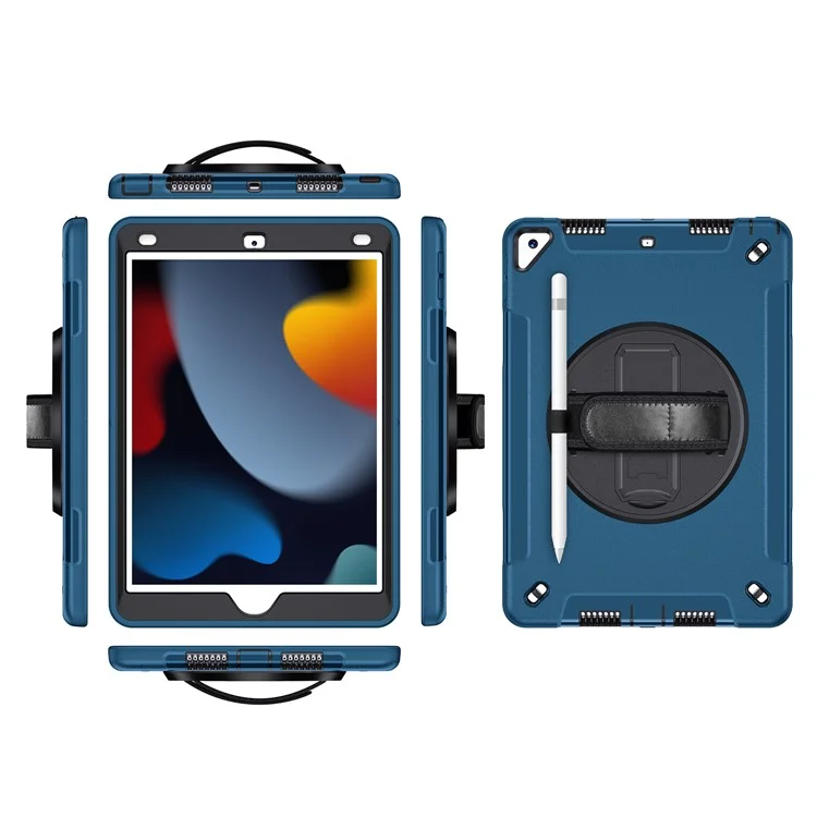Béquille Anti-Drop Silicone Dur PC Well-Protected Hybrid Cover avec Rotatable Main Strap Pencil Holder Shoulder Strap pour iPad 10.2 (2019)/(2020)/(2021) - Bleu
