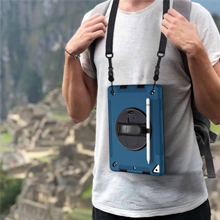 Béquille Anti-Drop Silicone Dur PC Well-Protected Hybrid Cover avec Rotatable Main Strap Pencil Holder Shoulder Strap pour iPad 10.2 (2019)/(2020)/(2021) - Bleu