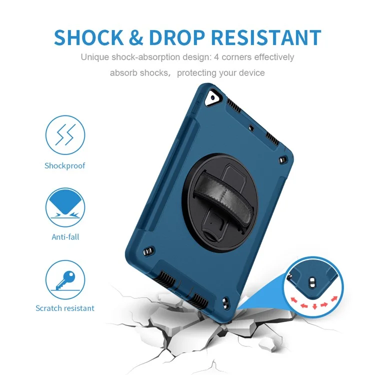 Béquille Anti-Drop Silicone Dur PC Well-Protected Hybrid Cover avec Rotatable Main Strap Pencil Holder Shoulder Strap pour iPad 10.2 (2019)/(2020)/(2021) - Bleu
