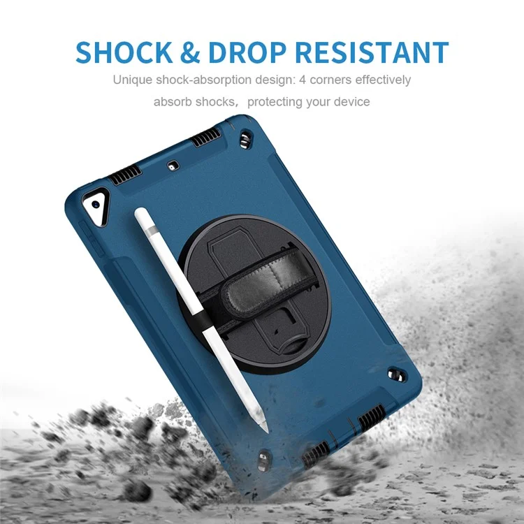 Béquille Anti-Drop Silicone Dur PC Well-Protected Hybrid Cover avec Rotatable Main Strap Pencil Holder Shoulder Strap pour iPad 10.2 (2019)/(2020)/(2021) - Bleu