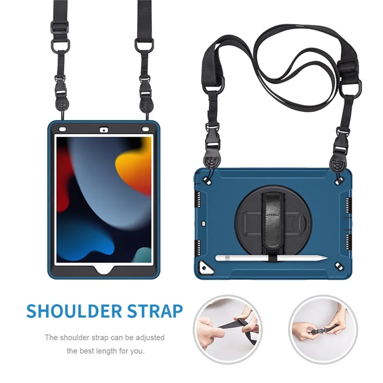 Béquille Anti-Drop Silicone Dur PC Well-Protected Hybrid Cover avec Rotatable Main Strap Pencil Holder Shoulder Strap pour iPad 10.2 (2019)/(2020)/(2021) - Bleu