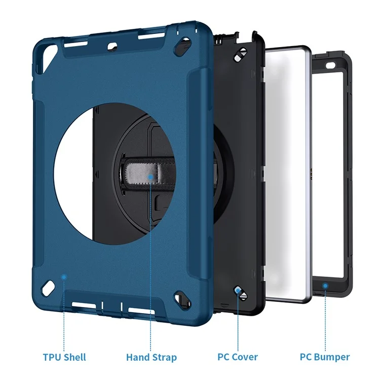 Béquille Anti-Drop Silicone Dur PC Well-Protected Hybrid Cover avec Rotatable Main Strap Pencil Holder Shoulder Strap pour iPad 10.2 (2019)/(2020)/(2021) - Bleu