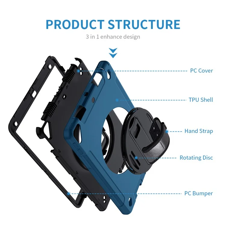 Béquille Anti-Drop Silicone Dur PC Well-Protected Hybrid Cover avec Rotatable Main Strap Pencil Holder Shoulder Strap pour iPad 10.2 (2019)/(2020)/(2021) - Bleu