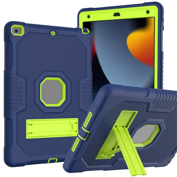 Contrast Color PC + TPU + Silicone Shockproof Anti-Drop Kickstand Design Tablet Cover Case for iPad 10.2 (2019)/(2020)/(2021) - Navy Blue/Yellow Green