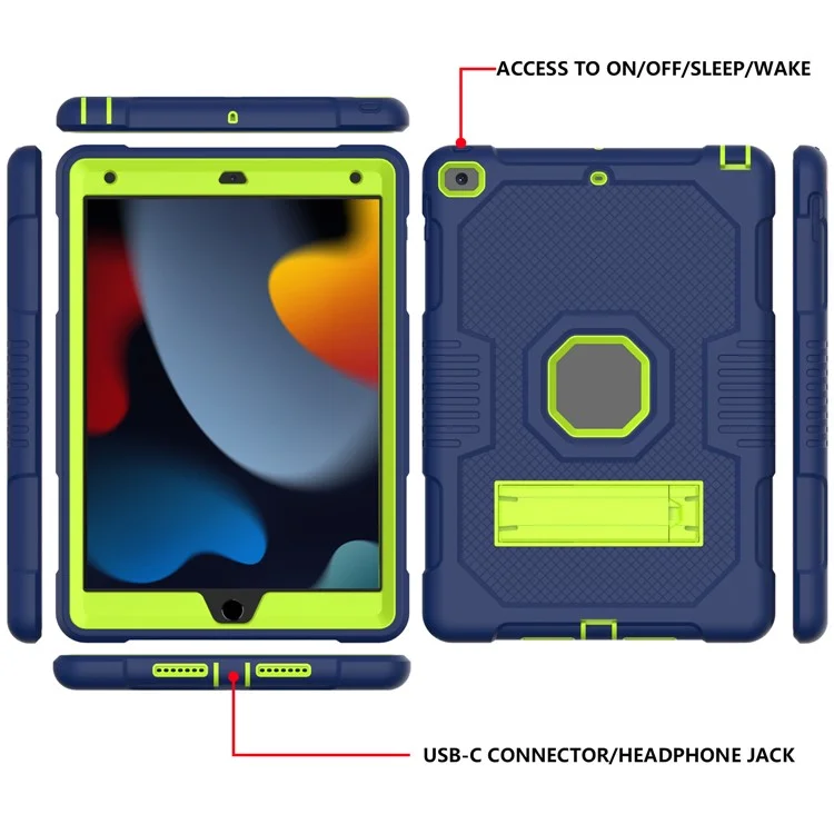 Kontrastfarbe PC + TPU + Silikonschockdicht Anti-drop-kickstand-design-tablet-abdeckungsfall Für Ipad 10.2 (2019)/(2020)/(2021) - Dunkelblau/gelb Grün