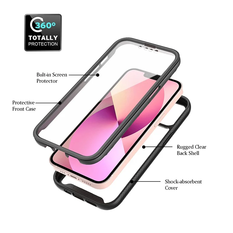 PET Screen Protector TPU + PC Full Coverage Hybrid Case Phone Shell for iPhone 13 mini 5.4 inch - Dark Blue / Black