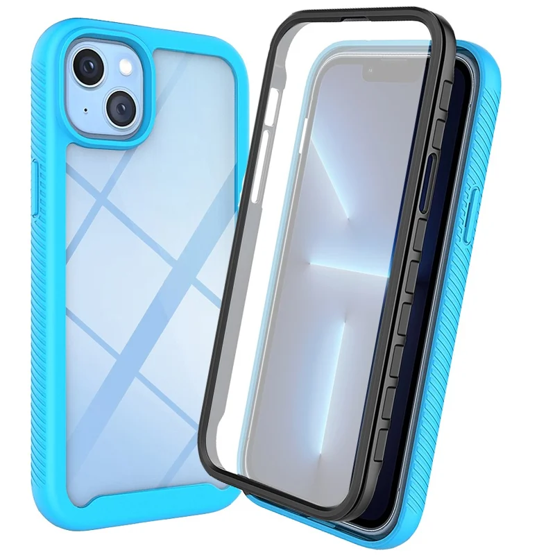 Full Coverage TPU + PC Shockproof Phone Case Shell with PET Screen Protector for iPhone 13 6.1 inch - Baby Blue / Black