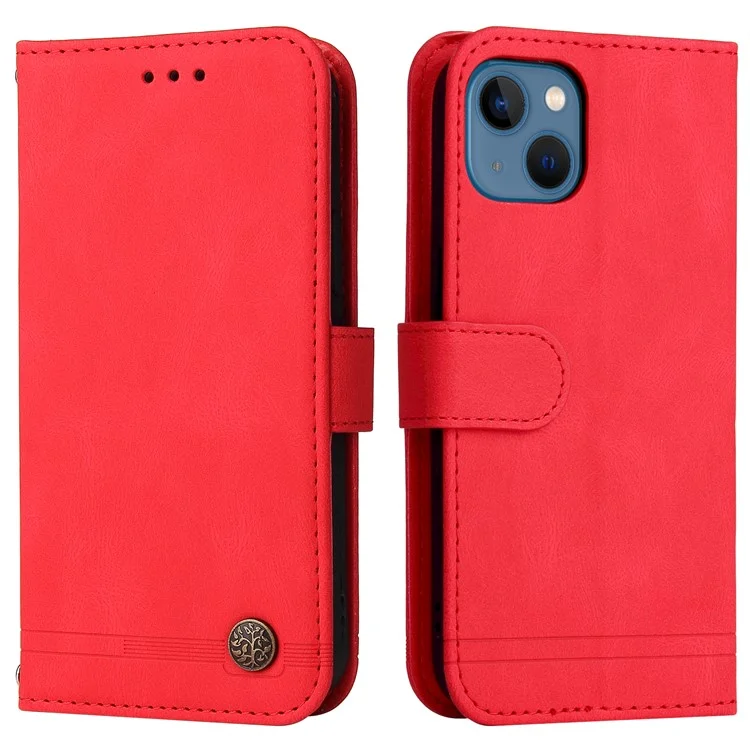 Baummuster Für Iphone 13 Mini 5,4 Zoll Metall Knopf Dekor Stehen Wallet Pu Leder Telefon Case Abdeckung - Rot