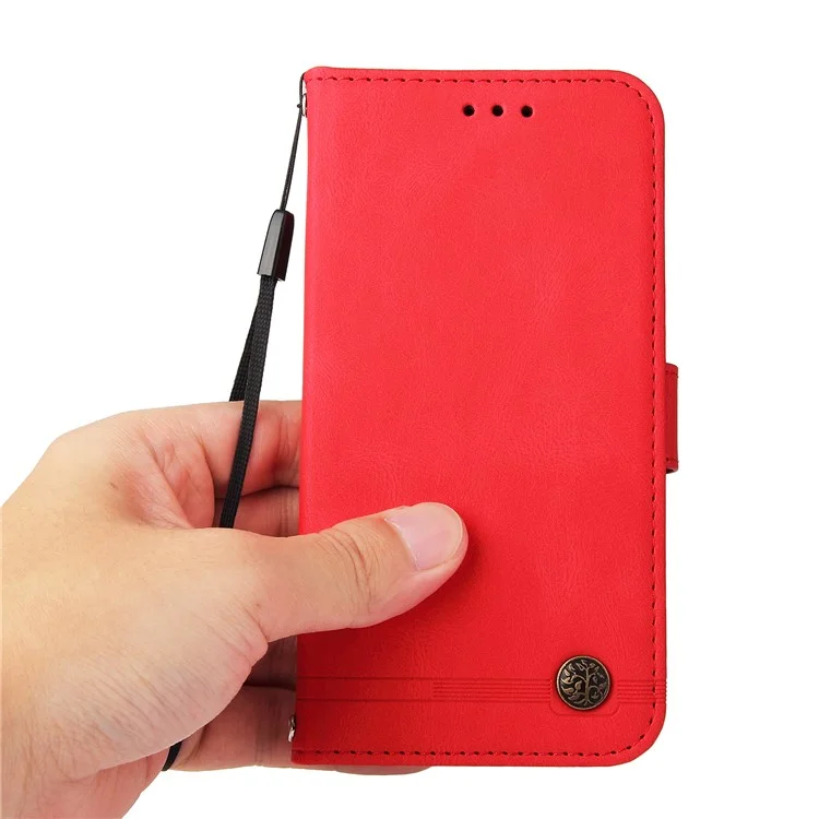 Baummuster Für Iphone 13 Mini 5,4 Zoll Metall Knopf Dekor Stehen Wallet Pu Leder Telefon Case Abdeckung - Rot