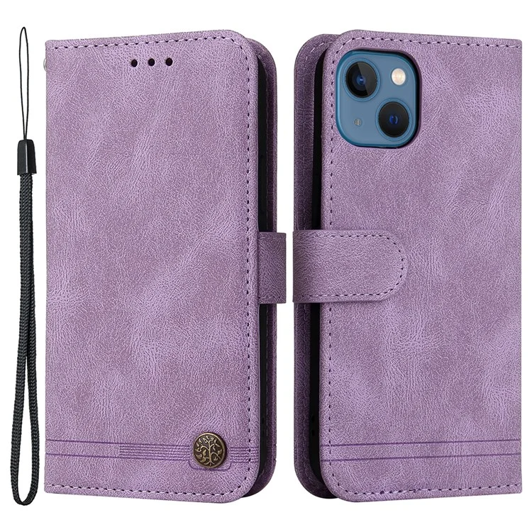 For iPhone 13 Leather Wallet Cases Skin Touch Phone Cover Stand with Strap - Purple