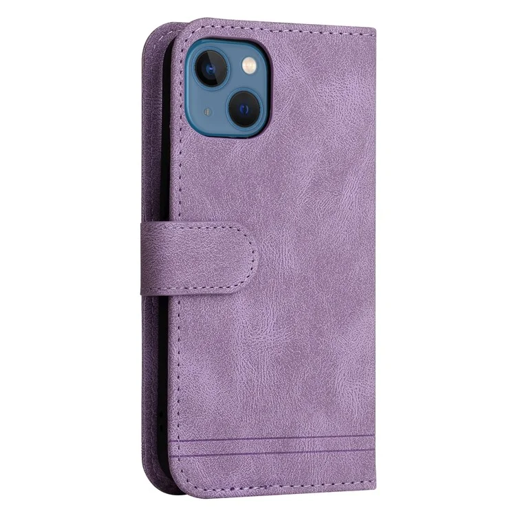 For iPhone 13 Leather Wallet Cases Skin Touch Phone Cover Stand with Strap - Purple