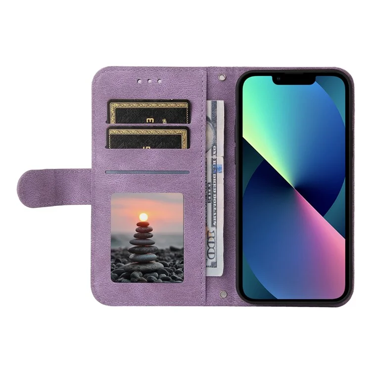 For iPhone 13 Leather Wallet Cases Skin Touch Phone Cover Stand with Strap - Purple