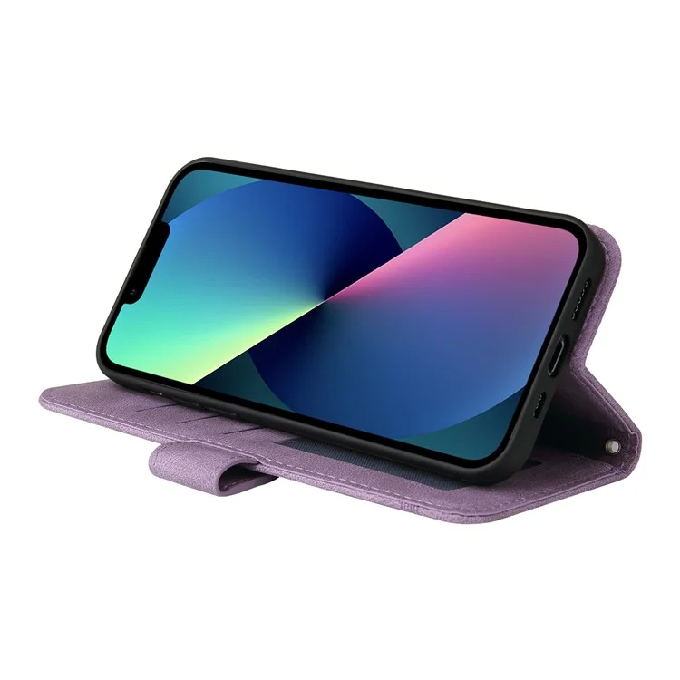 For iPhone 13 Leather Wallet Cases Skin Touch Phone Cover Stand with Strap - Purple