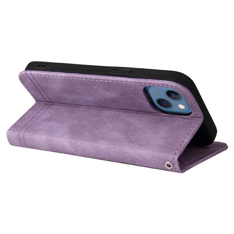 For iPhone 13 Leather Wallet Cases Skin Touch Phone Cover Stand with Strap - Purple