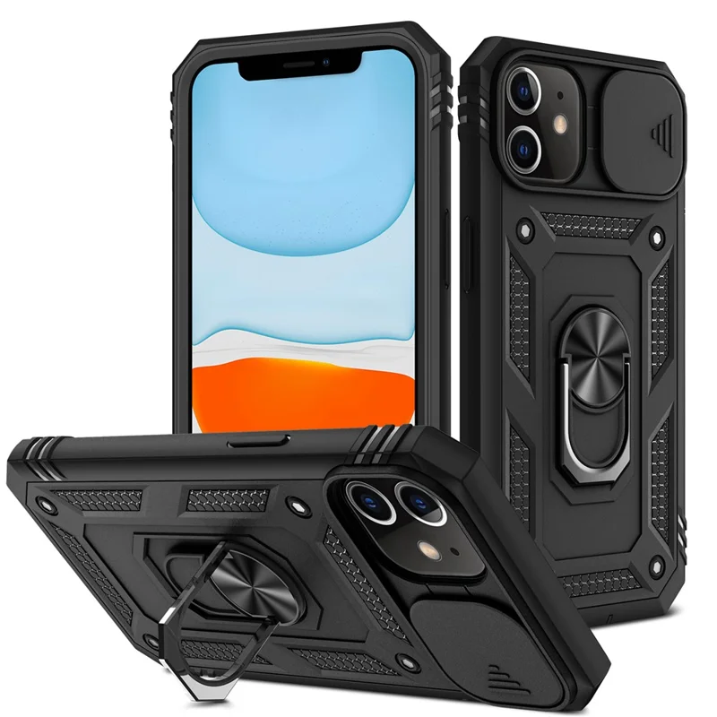 Ring Kickstand Hard PC Back + Soft TPU Impact-Resistant Bumpers Protective Case with Slide Camera Cover for iPhone 12 6.1 inch - Black/Black