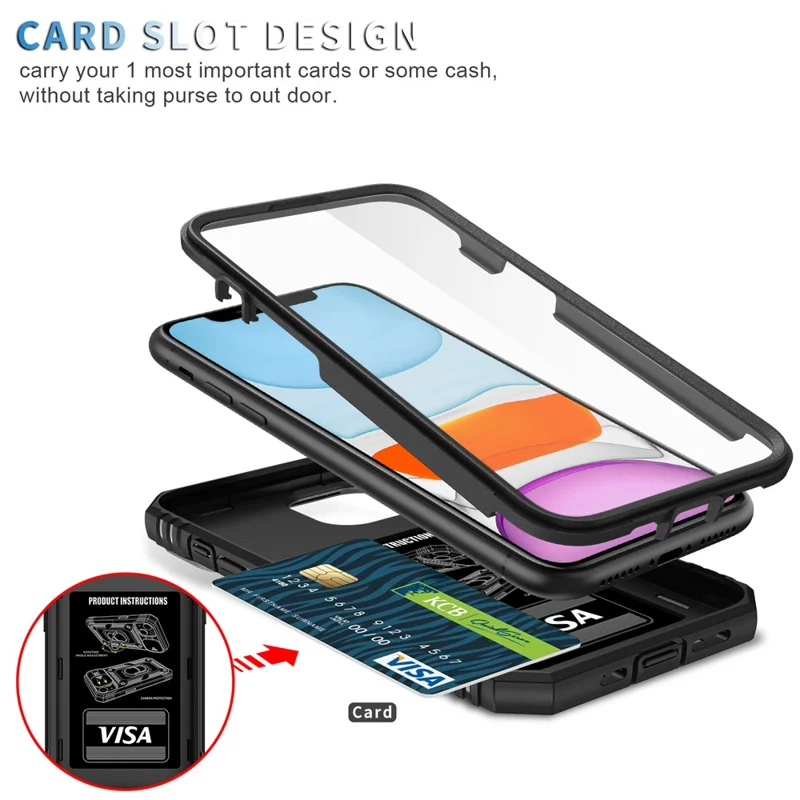Ring Kickstand Hard PC Back + Soft TPU Impact-Resistant Bumpers Protective Case with Slide Camera Cover for iPhone 12 6.1 inch - Black/Black