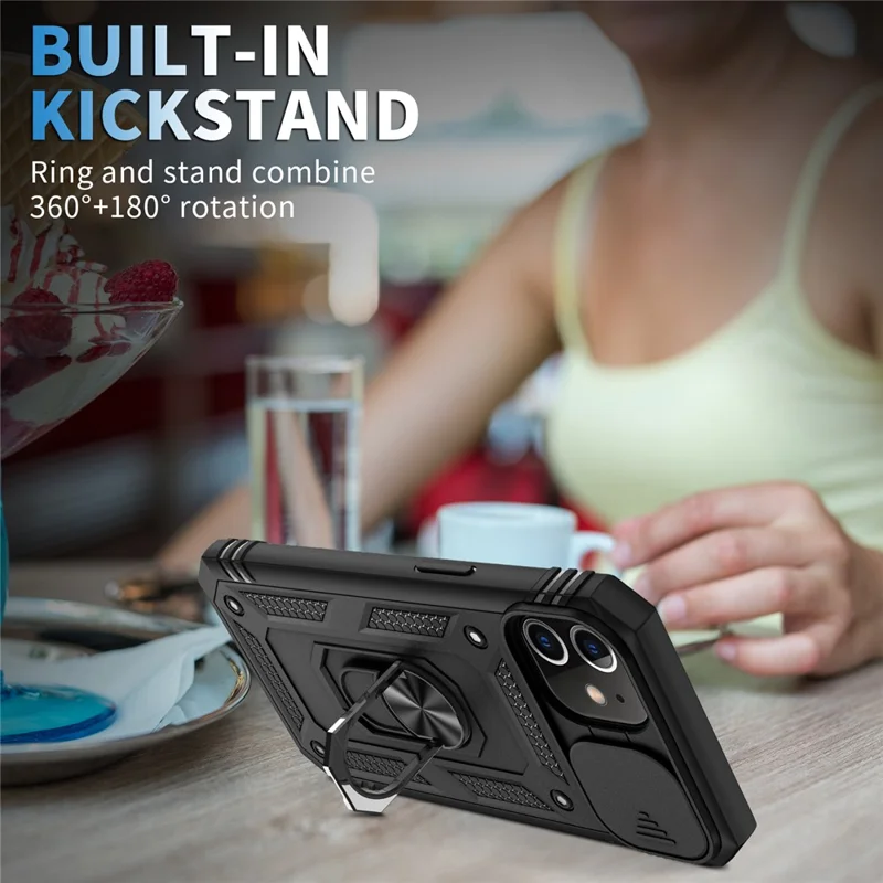 Ring Kickstand Hard PC Back + Soft TPU Impact-Resistant Bumpers Protective Case with Slide Camera Cover for iPhone 12 6.1 inch - Black/Black