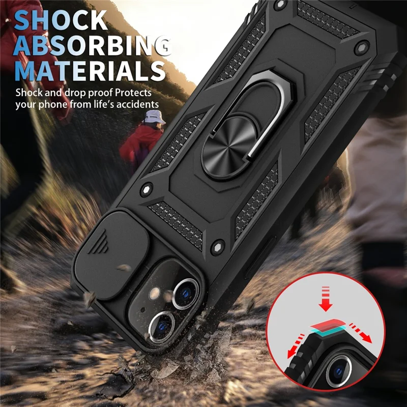 Ring Kickstand Hard PC Back + Soft TPU Impact-Resistant Bumpers Protective Case with Slide Camera Cover for iPhone 12 6.1 inch - Black/Black