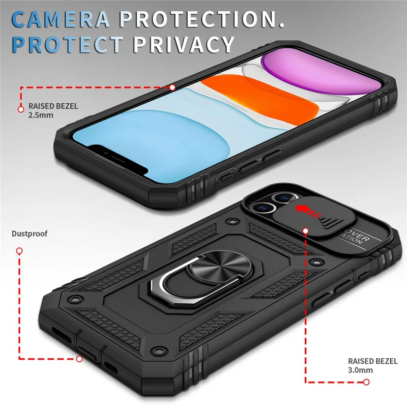 Ring Kickstand Hard PC Back + Soft TPU Impact-Resistant Bumpers Protective Case with Slide Camera Cover for iPhone 12 6.1 inch - Black/Black