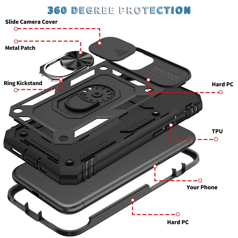 Ring Kickstand Hard PC Back + Soft TPU Impact-Resistant Bumpers Protective Case with Slide Camera Cover for iPhone 12 6.1 inch - Black/Black