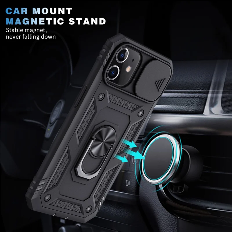 Ring Kickstand Hard PC Back + Soft TPU Impact-Resistant Bumpers Protective Case with Slide Camera Cover for iPhone 12 6.1 inch - Black/Black