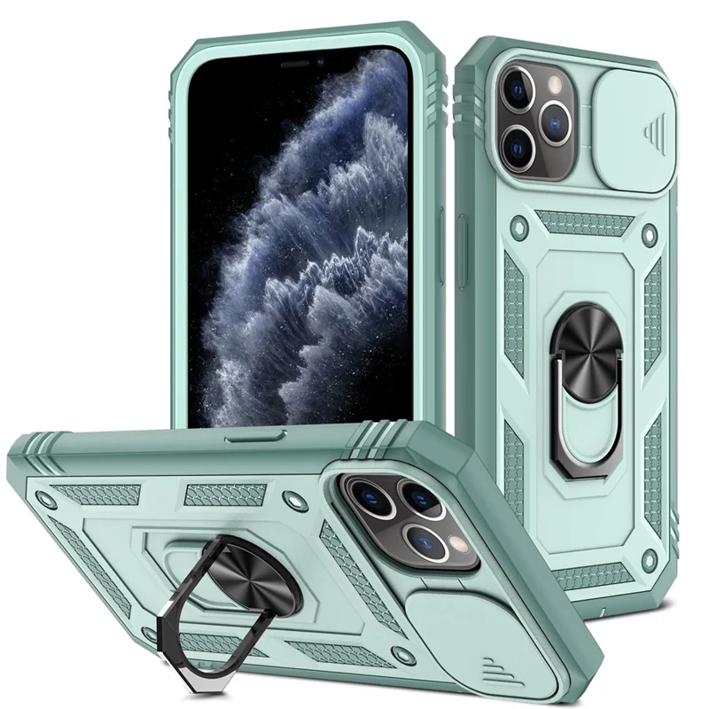 Shockproof Hard PC Back + TPU Frame Protective Case with Kickstand and Slide Camera Lens Protection for iPhone 11 Pro 5.8 inch - Green/Green