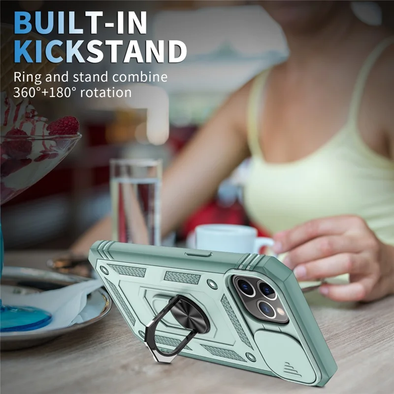 Shockproof Hard PC Back + TPU Frame Protective Case with Kickstand and Slide Camera Lens Protection for iPhone 11 Pro 5.8 inch - Green/Green