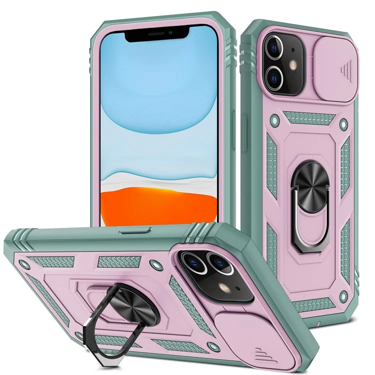 Ring Kickstand PC + TPU Impact-Resistant Bumpers Armor Protective Case with Slide Camera Lens Protection for iPhone 11 6.1 inch - Pink/Green