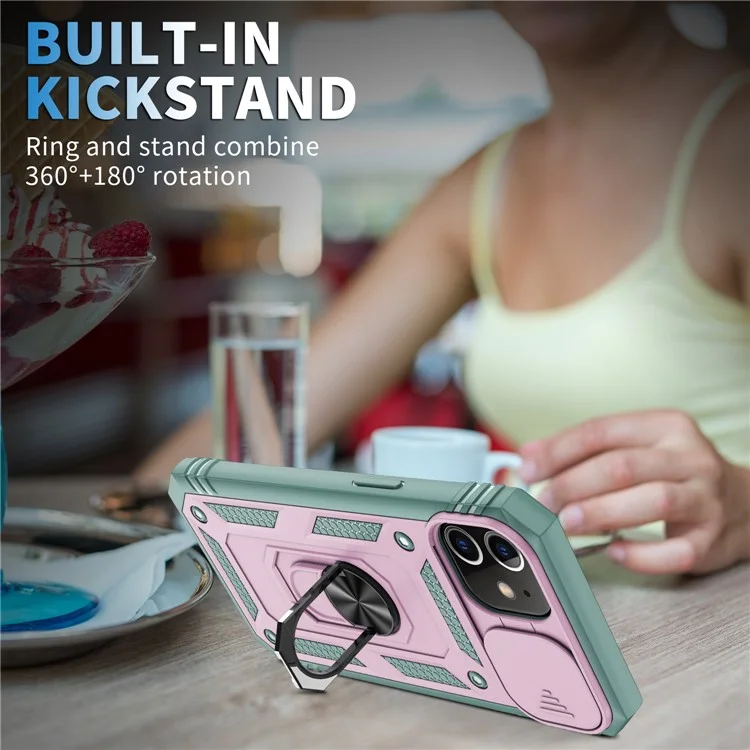Ring Kickstand PC + TPU Impact-Resistant Bumpers Armor Protective Case with Slide Camera Lens Protection for iPhone 11 6.1 inch - Pink/Green