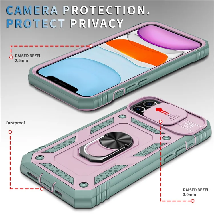 Ring Kickstand PC + TPU Impact-Resistant Bumpers Armor Protective Case with Slide Camera Lens Protection for iPhone 11 6.1 inch - Pink/Green