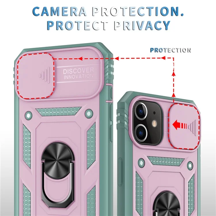 Ring Kickstand PC + TPU Impact-Resistant Bumpers Armor Protective Case with Slide Camera Lens Protection for iPhone 11 6.1 inch - Pink/Green