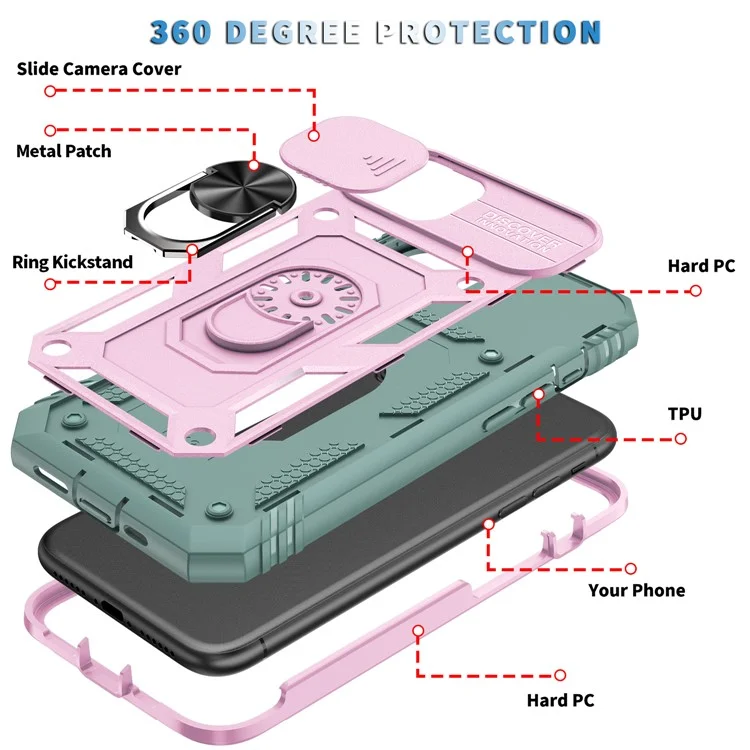 Ring Kickstand PC + TPU Impact-Resistant Bumpers Armor Protective Case with Slide Camera Lens Protection for iPhone 11 6.1 inch - Pink/Green