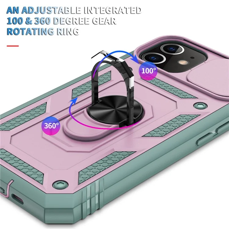 Ring Kickstand PC + TPU Impact-Resistant Bumpers Armor Protective Case with Slide Camera Lens Protection for iPhone 11 6.1 inch - Pink/Green