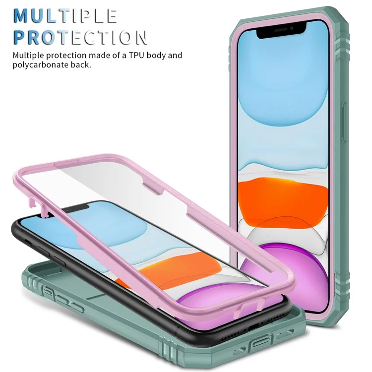 Ring Kickstand PC + TPU Impact-Resistant Bumpers Armor Protective Case with Slide Camera Lens Protection for iPhone 11 6.1 inch - Pink/Green