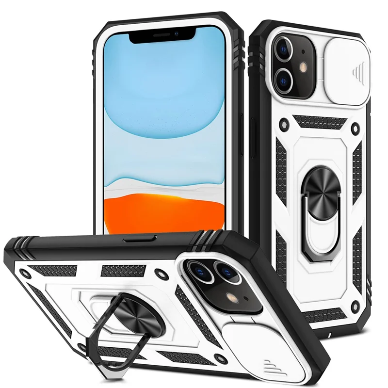Ring Kickstand PC + TPU Impact-Resistant Bumpers Armor Protective Case with Slide Camera Lens Protection for iPhone 11 6.1 inch - White/Black