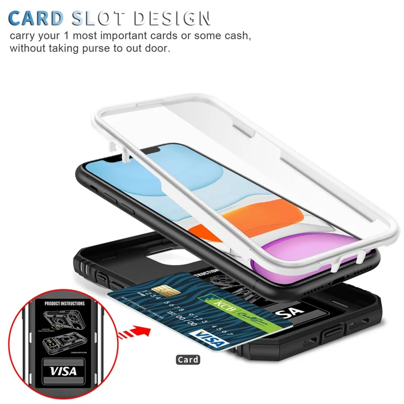 Ring Kickstand PC + TPU Impact-Resistant Bumpers Armor Protective Case with Slide Camera Lens Protection for iPhone 11 6.1 inch - White/Black