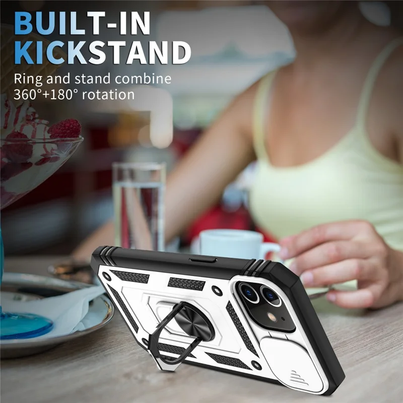 Ring Kickstand PC + TPU Impact-Resistant Bumpers Armor Protective Case with Slide Camera Lens Protection for iPhone 11 6.1 inch - White/Black