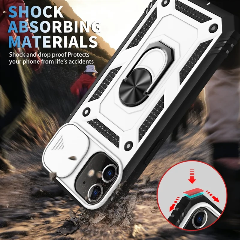 Ring Kickstand PC + TPU Impact-Resistant Bumpers Armor Protective Case with Slide Camera Lens Protection for iPhone 11 6.1 inch - White/Black