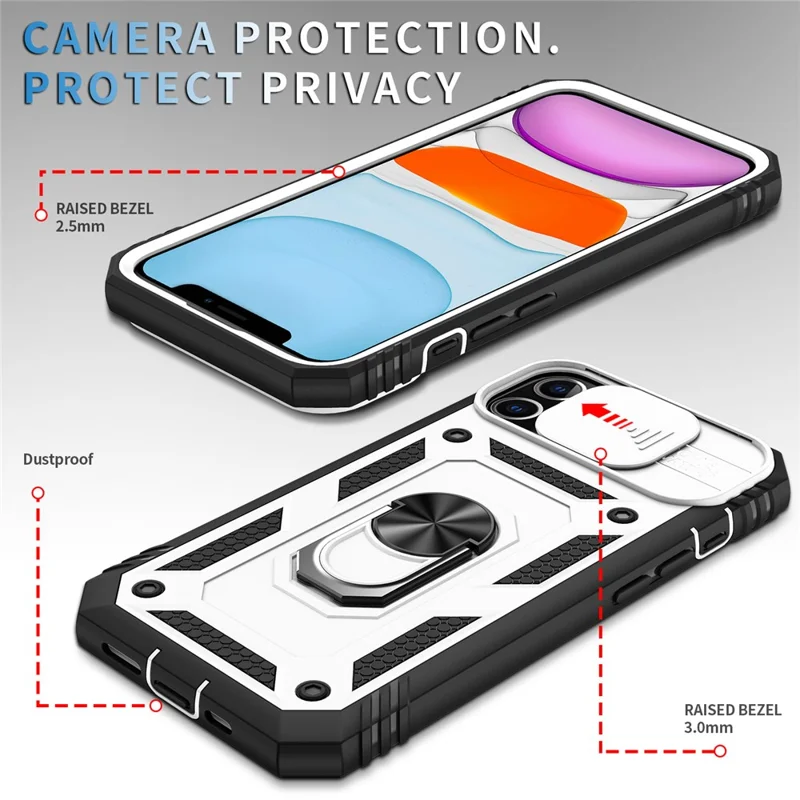Ring Kickstand PC + TPU Impact-Resistant Bumpers Armor Protective Case with Slide Camera Lens Protection for iPhone 11 6.1 inch - White/Black