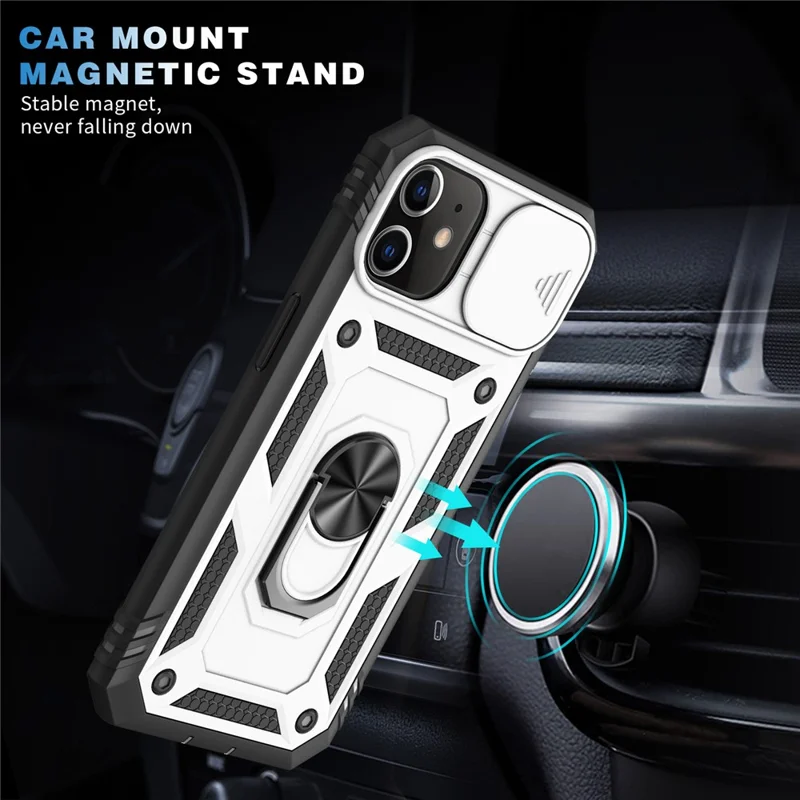Ring Kickstand PC + TPU Impact-Resistant Bumpers Armor Protective Case with Slide Camera Lens Protection for iPhone 11 6.1 inch - White/Black