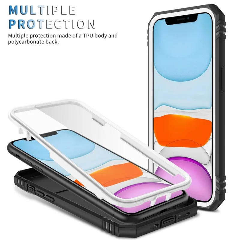 Ring Kickstand PC + TPU Impact-Resistant Bumpers Armor Protective Case with Slide Camera Lens Protection for iPhone 11 6.1 inch - White/Black