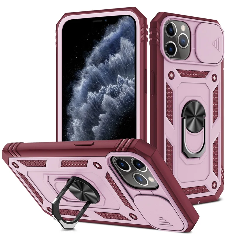 Kickstand Military Grade Drop Tested Hard PC Back + Soft TPU Edge Protective Case with Camera Lens Protector for iPhone 11 Pro Max 6.5 inch - Pink/Dark Red