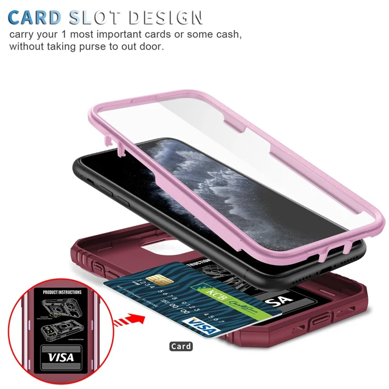 Kickstand Military Grade Drop Tested Hard PC Back + Soft TPU Edge Protective Case with Camera Lens Protector for iPhone 11 Pro Max 6.5 inch - Pink/Dark Red