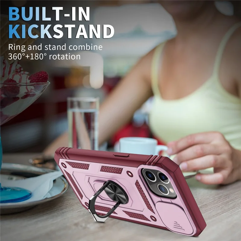 Kickstand Military Grade Drop Tested Hard PC Back + Soft TPU Edge Protective Case with Camera Lens Protector for iPhone 11 Pro Max 6.5 inch - Pink/Dark Red